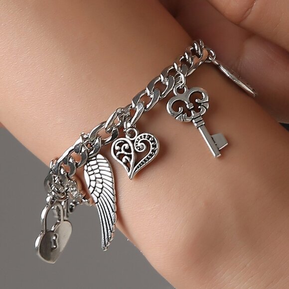 3/$35  Multi Charms Silver Chain Bracelet Chunky Heart Key Wings Flower Jewelry - Picture 1 of 6